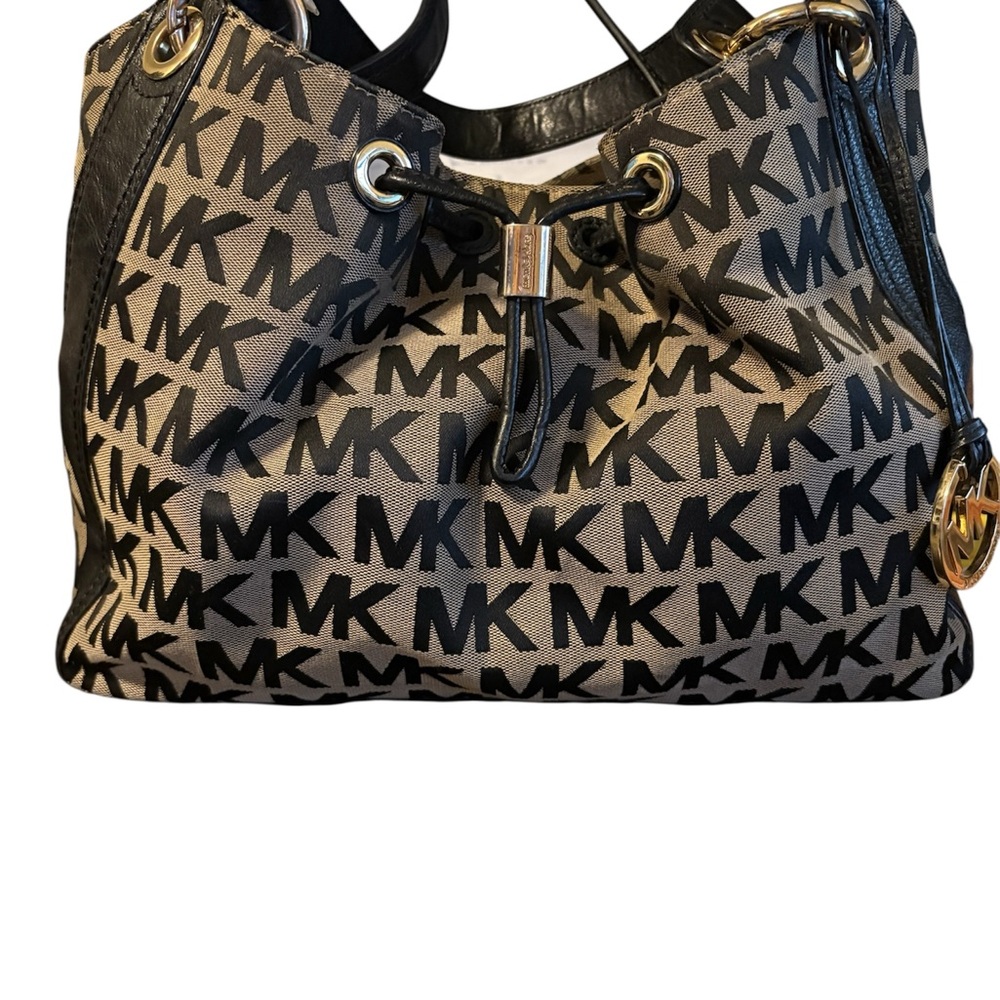 Michael Kors Monogram Black and Tan Drawstring Shoulder Bag